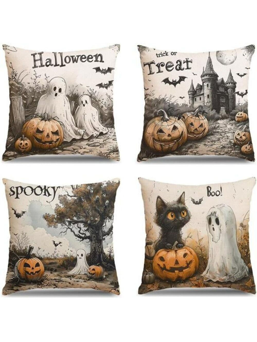 Halloween Pillow Covers 18x18 Set of 4 Trick or Treat Pumpkin Ghost Sofa Decor
